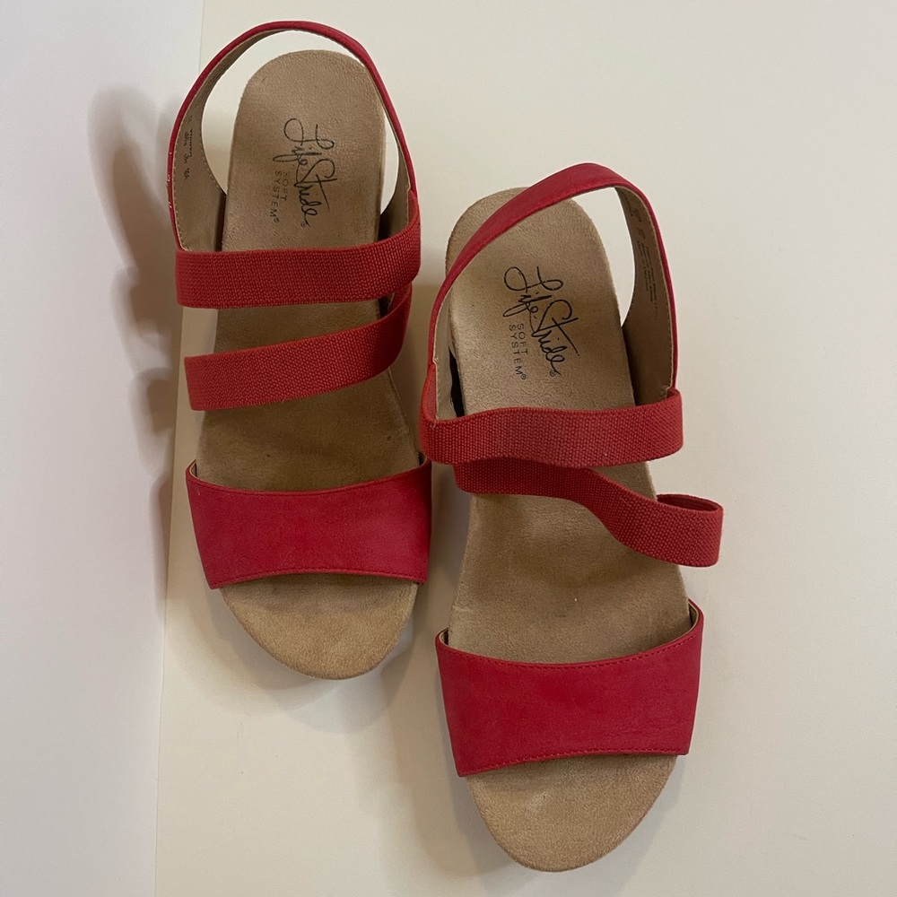 LifeStride Red Cork Wedge Sandals Size 7 Wide Strappy Comfort